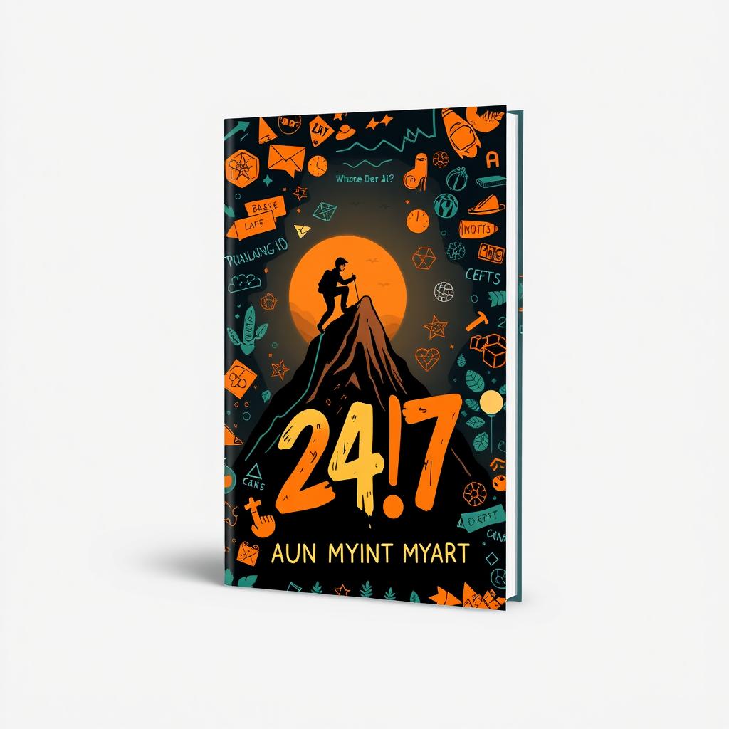 A striking book cover design for '24/7' that emphasizes the hardships of the author's life through a blend of evocative imagery and playful doodle art