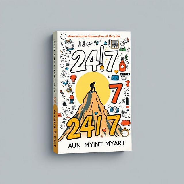 A striking book cover design for '24/7' that emphasizes the hardships of the author's life through a blend of evocative imagery and playful doodle art