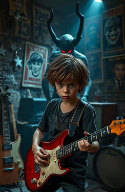 A dramatic scene depicting a young orphan boy in a rundown music studio surrounded by musical instruments, showcasing his determination to become a famous rockstar