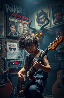 A dramatic scene depicting a young orphan boy in a rundown music studio surrounded by musical instruments, showcasing his determination to become a famous rockstar