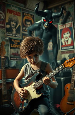 A dramatic scene depicting a young orphan boy in a rundown music studio surrounded by musical instruments, showcasing his determination to become a famous rockstar