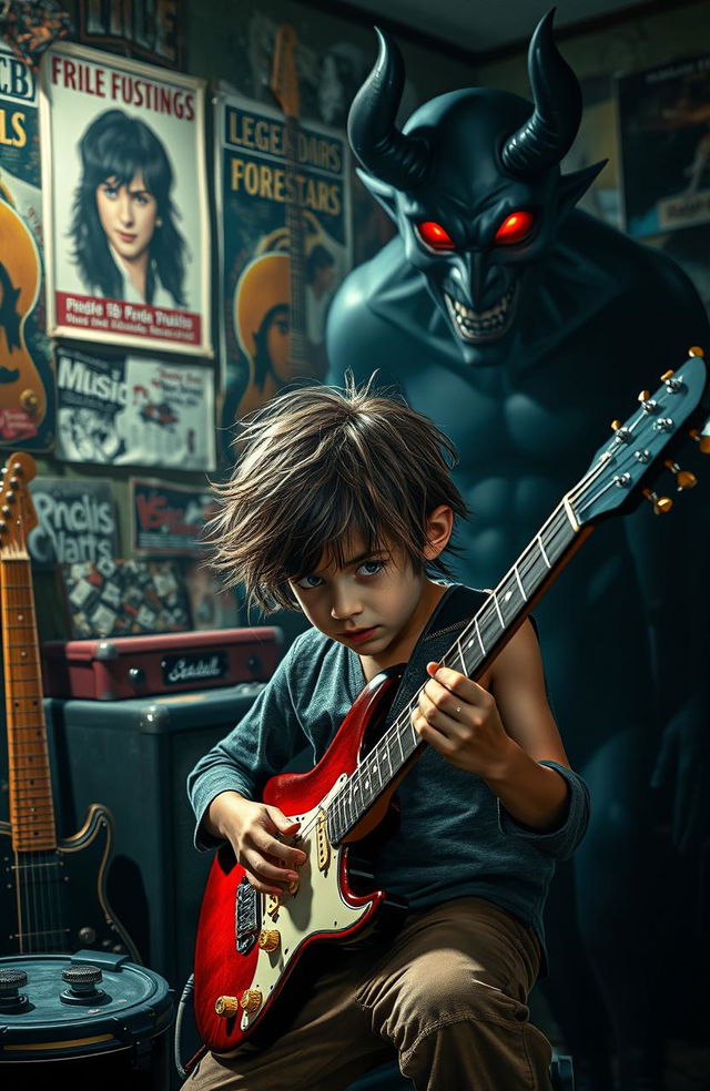 A dramatic scene depicting a young orphan boy in a rundown music studio surrounded by musical instruments, showcasing his determination to become a famous rockstar