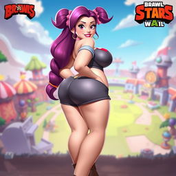 A voluptuous female character inspired by Piper from Brawl Stars, portrayed with exaggerated curves including very big breasts and a large, well-defined backside