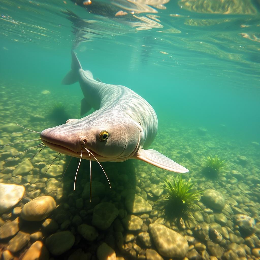 A large catfish swimming gracefully in a clear, serene river