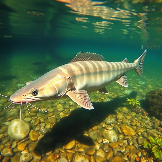 A large catfish swimming gracefully in a clear, serene river