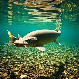 A large catfish swimming gracefully in a clear, serene river