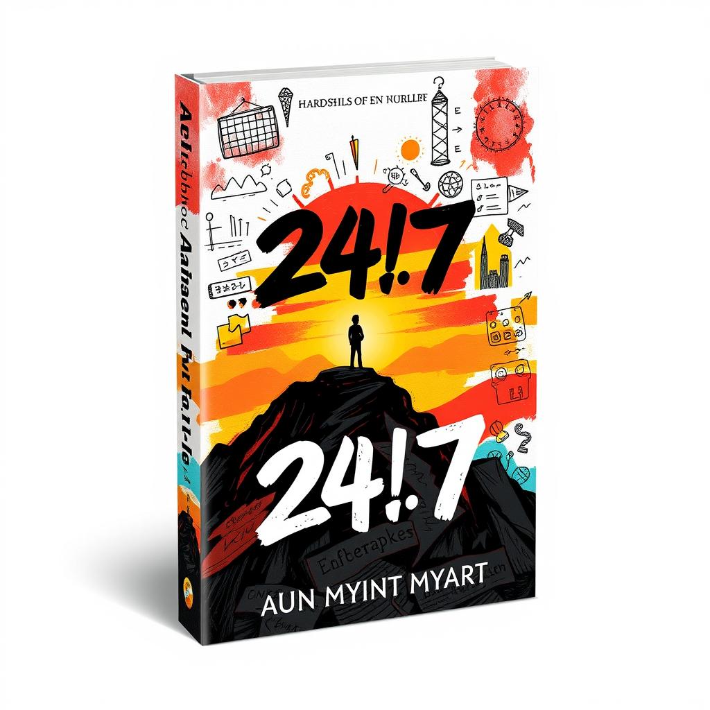 A compelling book cover design for '24/7' that highlights the hardships of the author's life through expressive imagery and doodle art