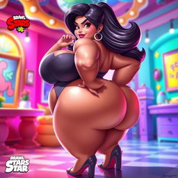 A voluptuous character inspired by the game Brawl Stars, featuring exaggerated proportions including very large breasts and a curvy, ample backside