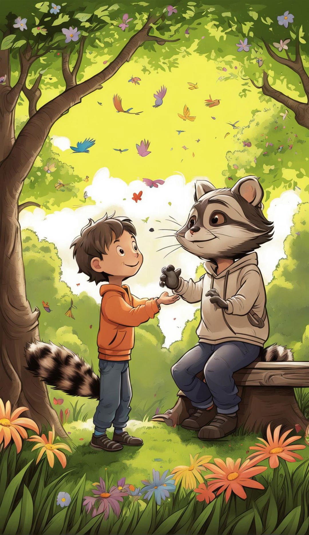 A children's book cover in animated sketch style featuring a boy with his pet raccoon.