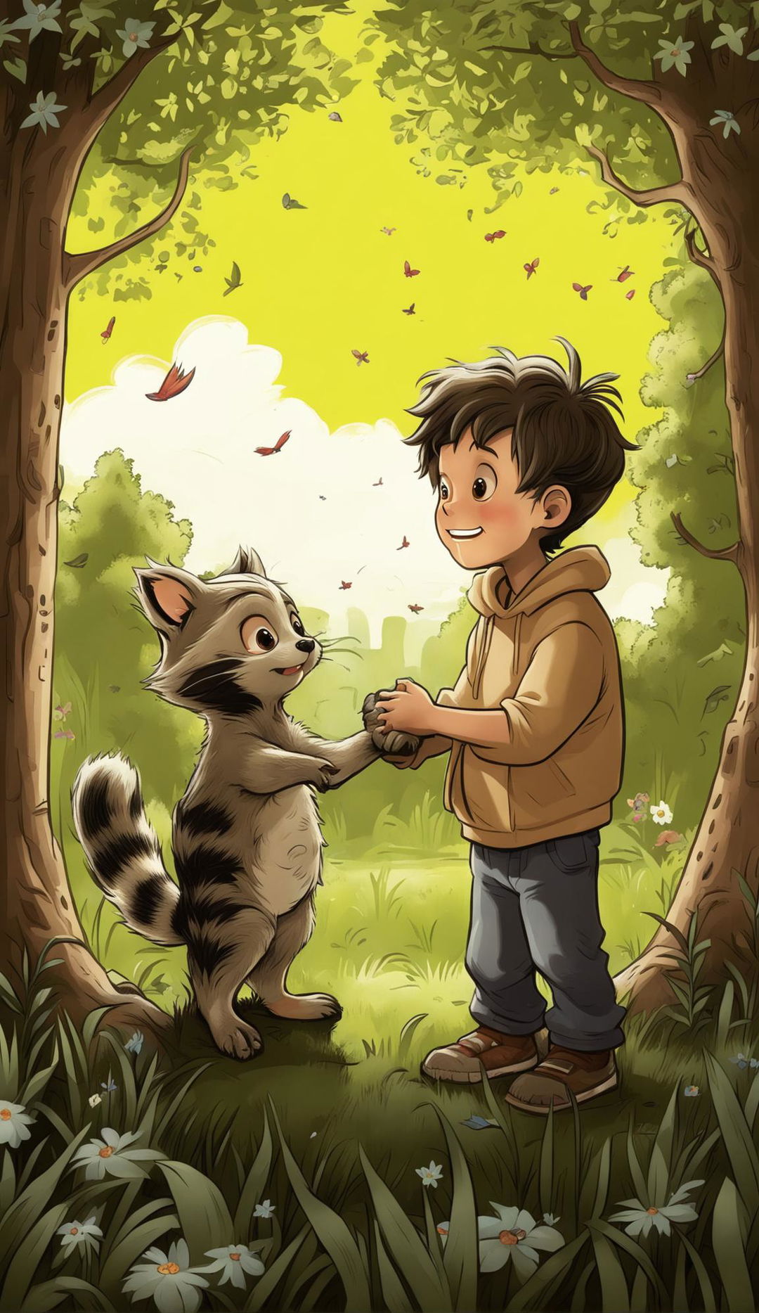 A children's book cover in animated sketch style featuring a boy with his pet baby raccoon.