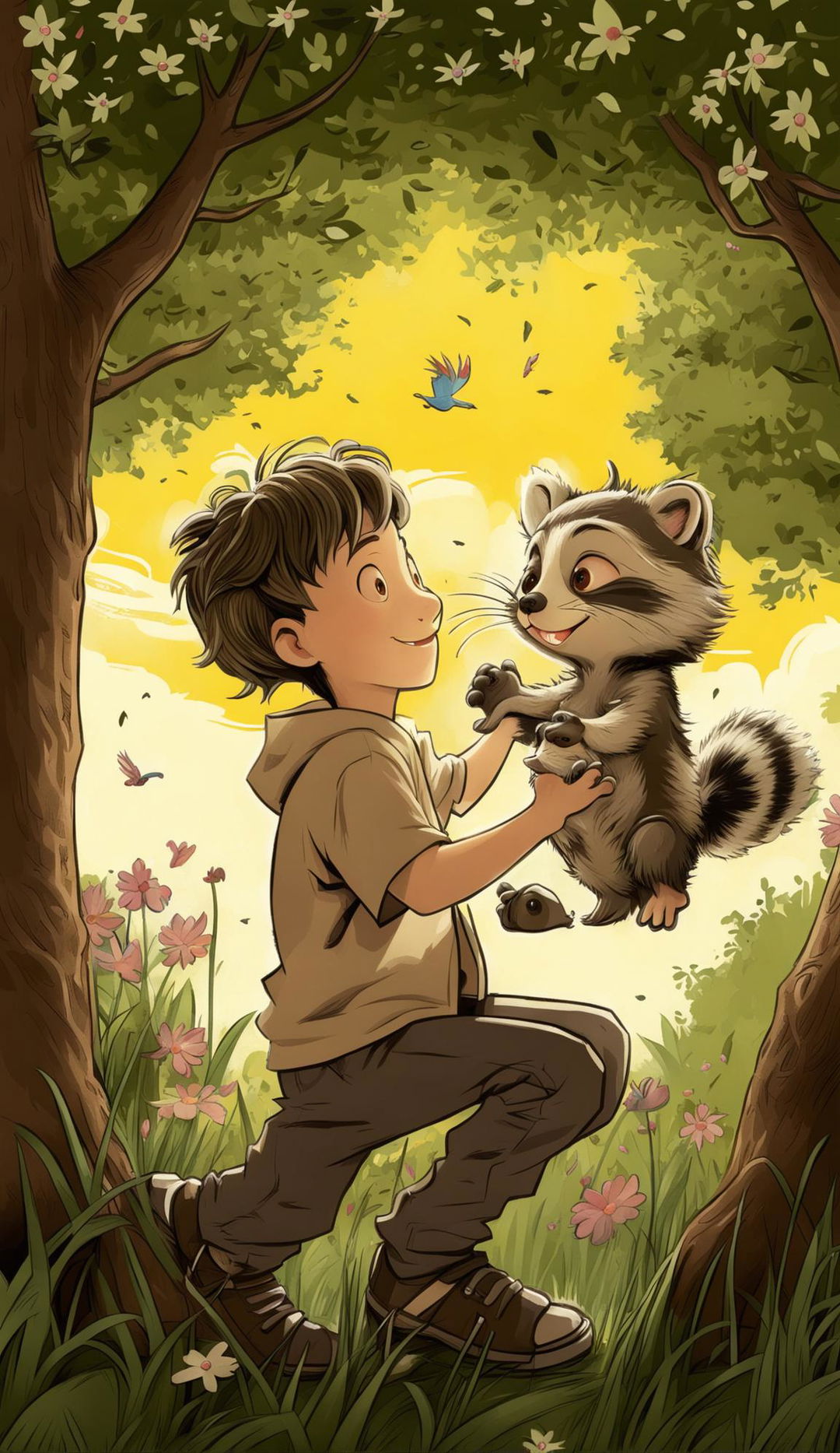 A children's book cover in animated sketch style featuring a boy with his pet baby raccoon.