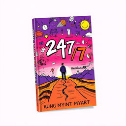 An expressive book cover design for '24/7' that captures the essence of the author's life hardships through impactful imagery and creative doodle art