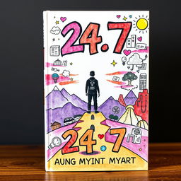 An expressive book cover design for '24/7' that captures the essence of the author's life hardships through impactful imagery and creative doodle art