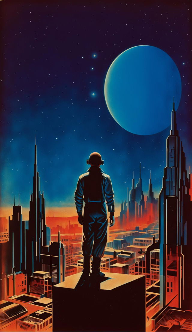 Vintage retro dystopian book cover, reminiscent of 1960s sci-fi literature.