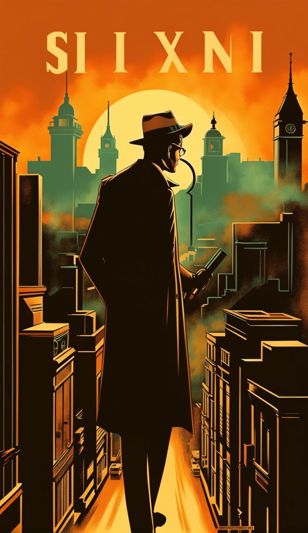 Vintage retro book cover for a graphic novel about a spy.