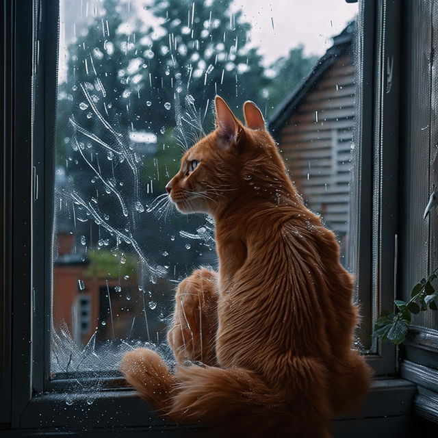 A vibrant ginger cat sits attentively by a rain-soaked window, its back to us