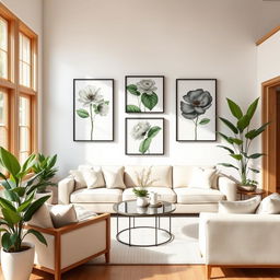 A bright and airy living room decorated with light colors, featuring lush green plants and beautiful artwork on the walls