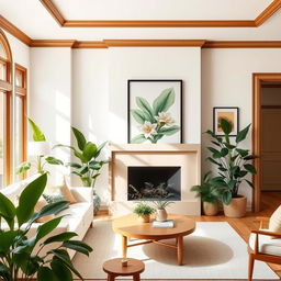 A bright and airy living room decorated with light colors, featuring lush green plants and beautiful artwork on the walls