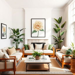 A bright and airy living room decorated with light colors, featuring lush green plants and beautiful artwork on the walls