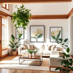 A bright and airy living room decorated with light colors, featuring lush green plants and beautiful artwork on the walls