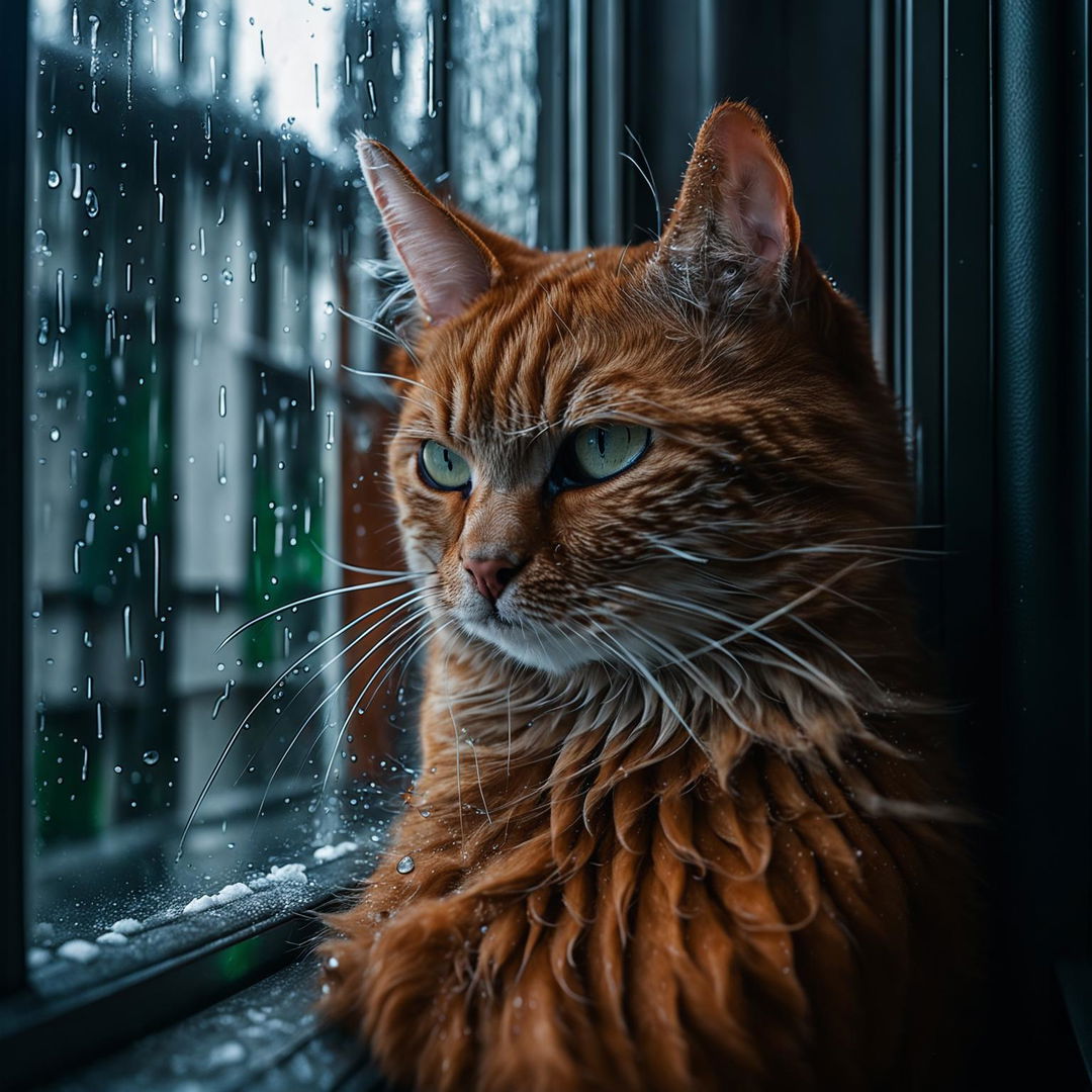 A ginger cat sitting at a window watching the rain, captured in a full-body shot with a Nikon Z6 II and NIKKOR Z 70mm f/4 S lens