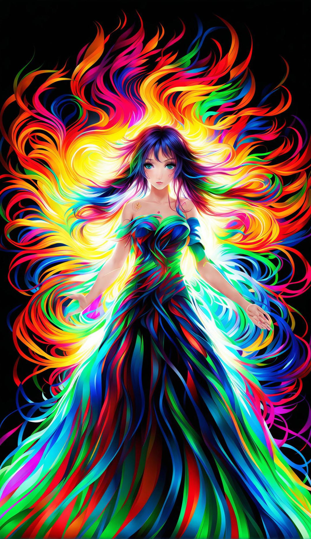 A vibrant digital art piece featuring a girl embodying dopamine, radiating an array of colors from her neon hair and skin