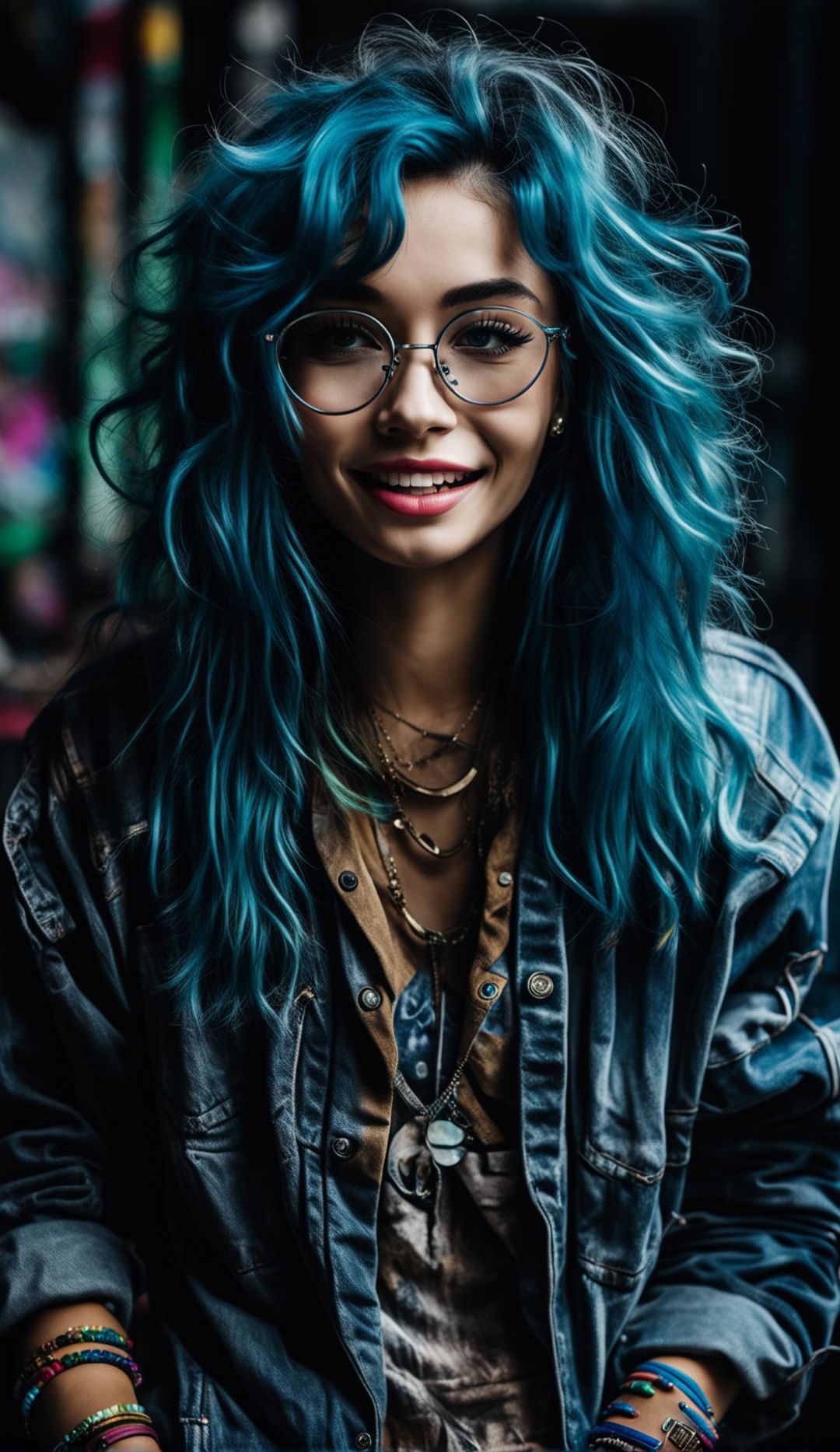 A high-resolution photograph of a beautiful model with vibrant blue hair and joyful expression dressed in hipster fashion