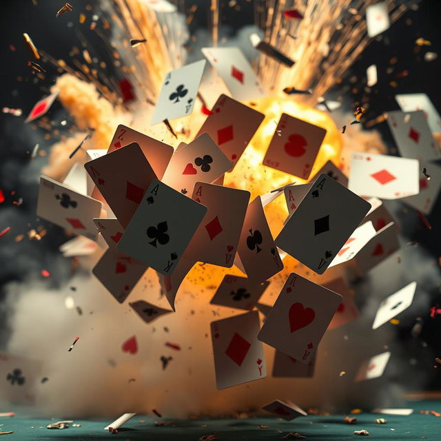 A dramatic explosion sending playing cards flying through the air, captured in mid-motion