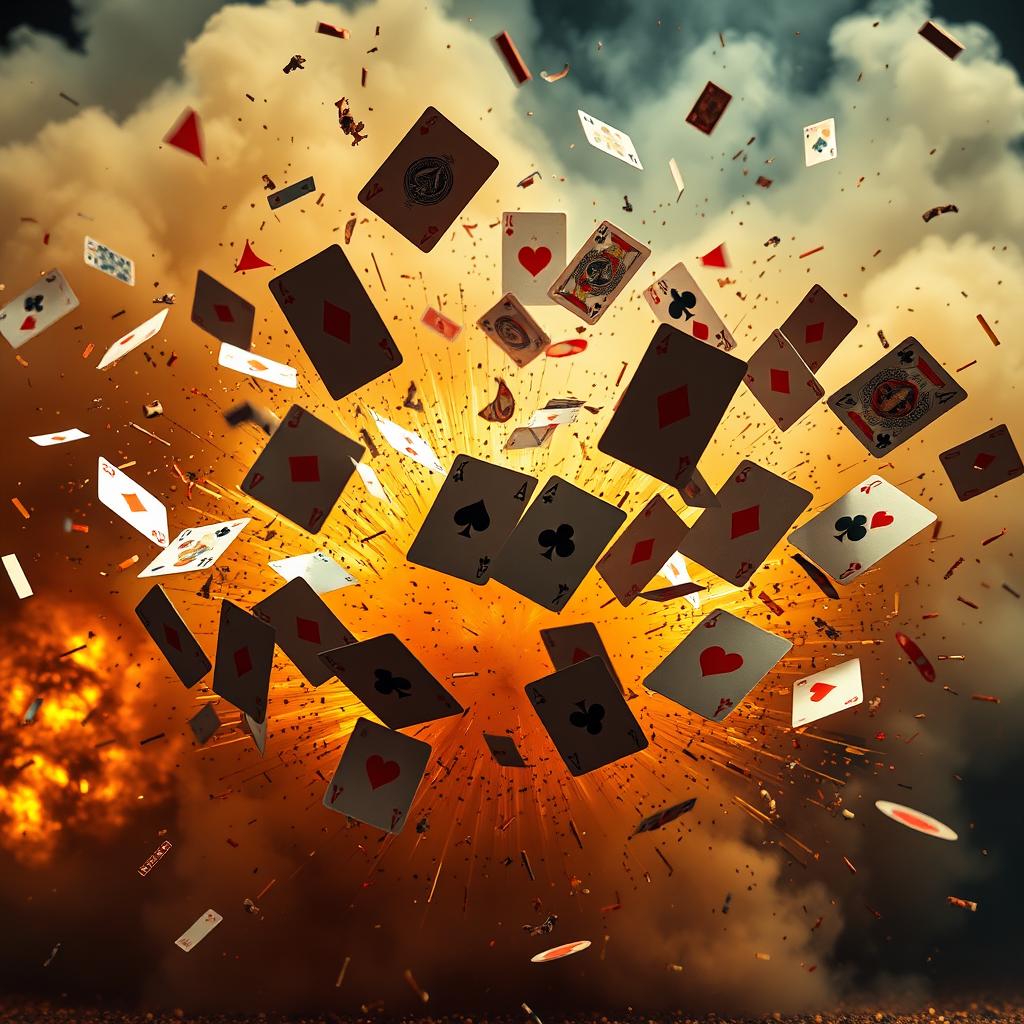 A dramatic explosion sending playing cards flying through the air, captured in mid-motion