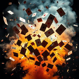 A dramatic explosion sending playing cards flying through the air, captured in mid-motion