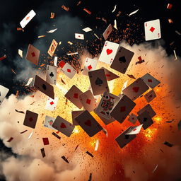A dramatic explosion sending playing cards flying through the air, captured in mid-motion
