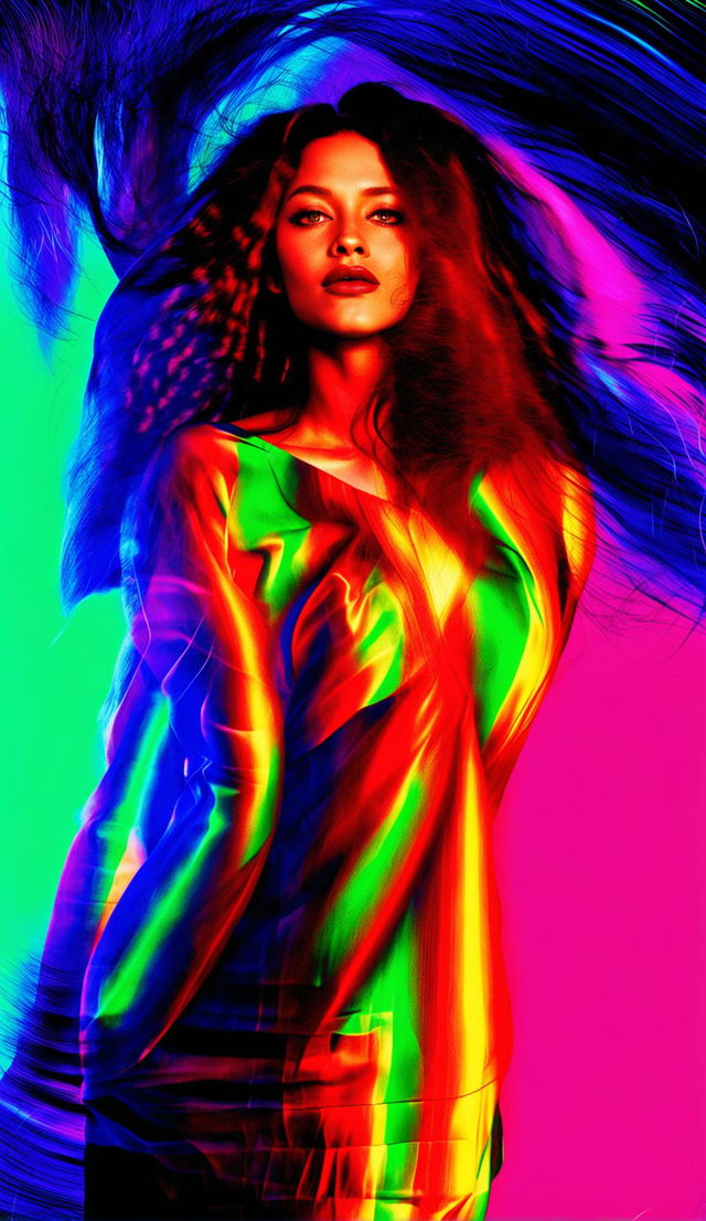 A 200mm, 32k resolution photograph featuring a radiant full-bodied supermodel amidst a vibrant, psychedelic background, inducing a sense of dopamine release