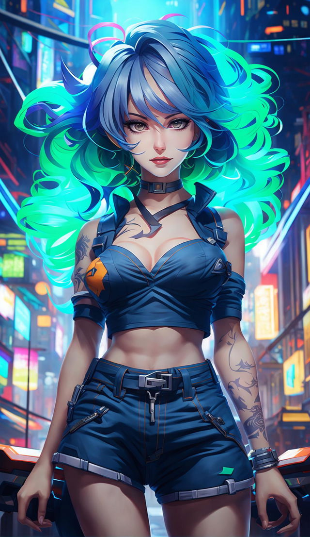 A digital art piece featuring a blue-haired girl from Valorant dressed in short shorts and a crop top, standing confidently in a futuristic game setting