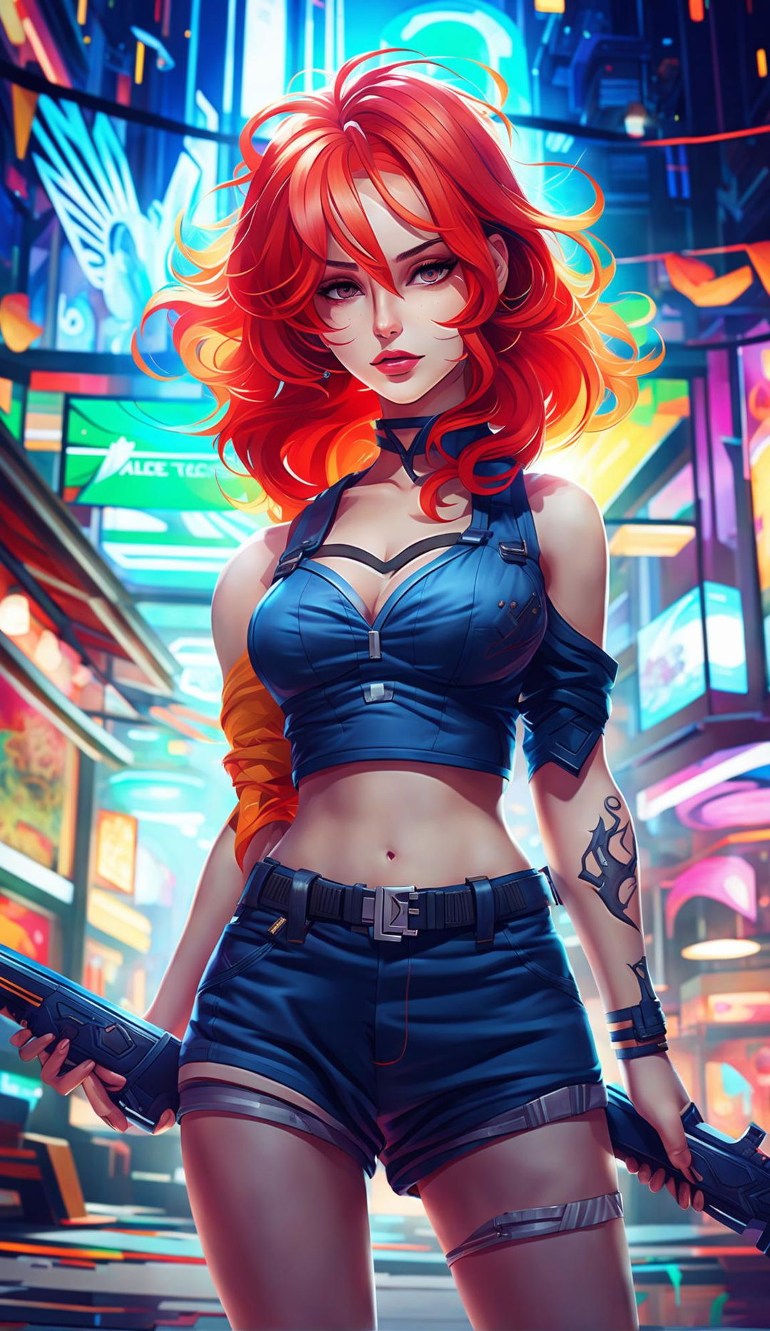 A digital art piece featuring a bright red-haired girl from Valorant dressed in short shorts and a crop top, standing confidently in a futuristic game setting