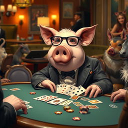A whimsical scene featuring a pig dressed in a stylish suit, sitting at a table playing cards