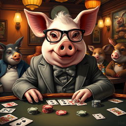 A whimsical scene featuring a pig dressed in a stylish suit, sitting at a table playing cards