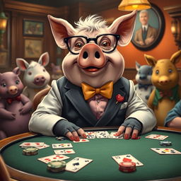 A whimsical scene featuring a pig dressed in a stylish suit, sitting at a table playing cards