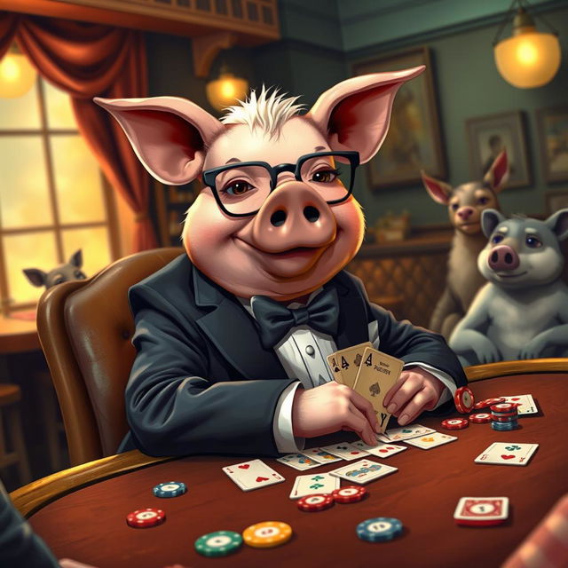 A whimsical scene featuring a pig dressed in a stylish suit, sitting at a table playing cards