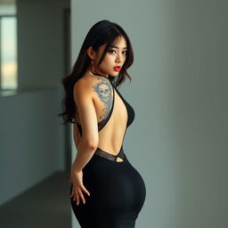 A stunning Korean woman with a striking big tattoo on her back, wearing a tight black dress that accentuates her curvy figure