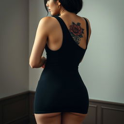 A stunning Korean woman with a striking big tattoo on her back, wearing a tight black dress that accentuates her curvy figure