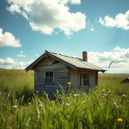 A charming, small, rickety wooden house without a roof, nestled in a lush green landscape