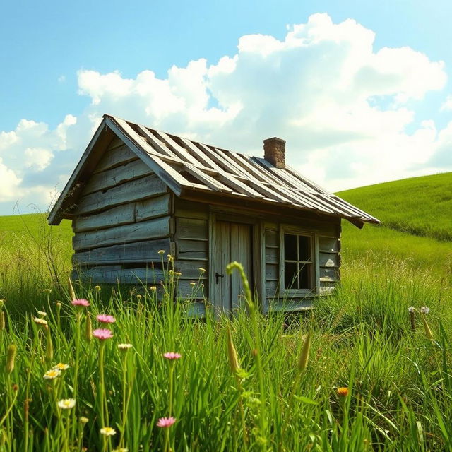 A charming, small, rickety wooden house without a roof, nestled in a lush green landscape