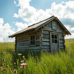 A charming, small, rickety wooden house without a roof, nestled in a lush green landscape