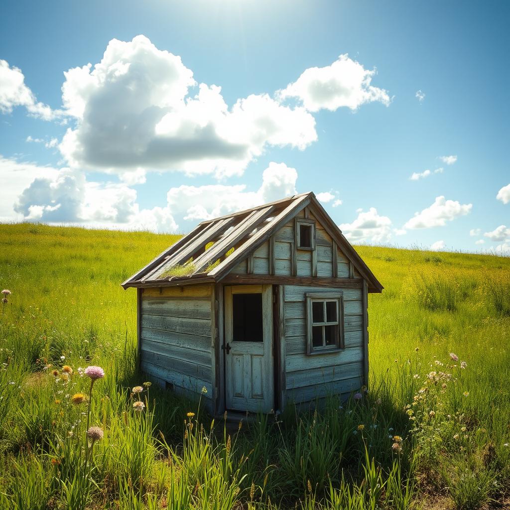 A charming, small, rickety wooden house without a roof, nestled in a lush green landscape