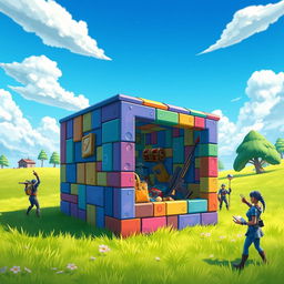 A vibrant and detailed depiction of a 'Box' from Fortnite, showcasing a square structure made of colorful building materials, surrounded by the iconic cartoonish landscape of the game