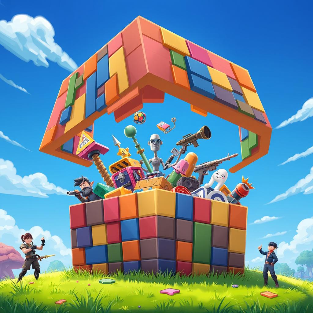 A vibrant and detailed depiction of a 'Box' from Fortnite, showcasing a square structure made of colorful building materials, surrounded by the iconic cartoonish landscape of the game