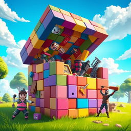 A vibrant and detailed depiction of a 'Box' from Fortnite, showcasing a square structure made of colorful building materials, surrounded by the iconic cartoonish landscape of the game