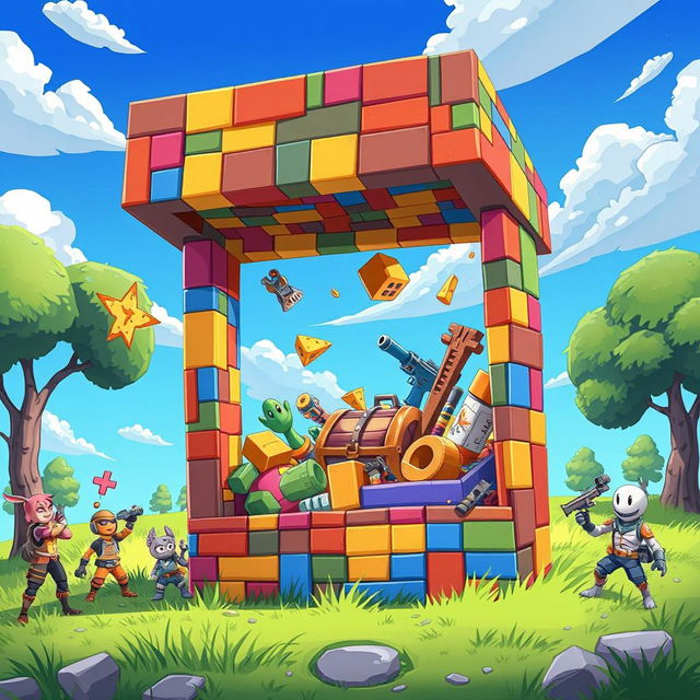 A vibrant and detailed depiction of a 'Box' from Fortnite, showcasing a square structure made of colorful building materials, surrounded by the iconic cartoonish landscape of the game