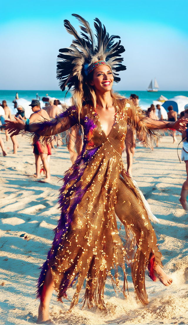 High-resolution 32k photograph of a festival supermodel dancing on a beach, taken with a 200mm lens