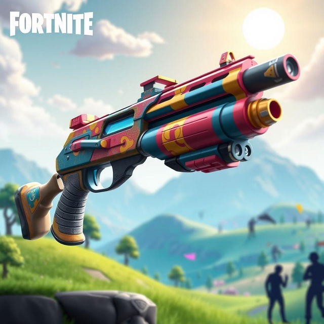 A highly detailed and vibrant depiction of the 'Gatekeeper' shotgun from Fortnite, showcasing its unique and striking design